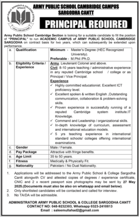 Latest Army Jobs 2025 Army Public School (APS) Sargodha Cantt Apply Online