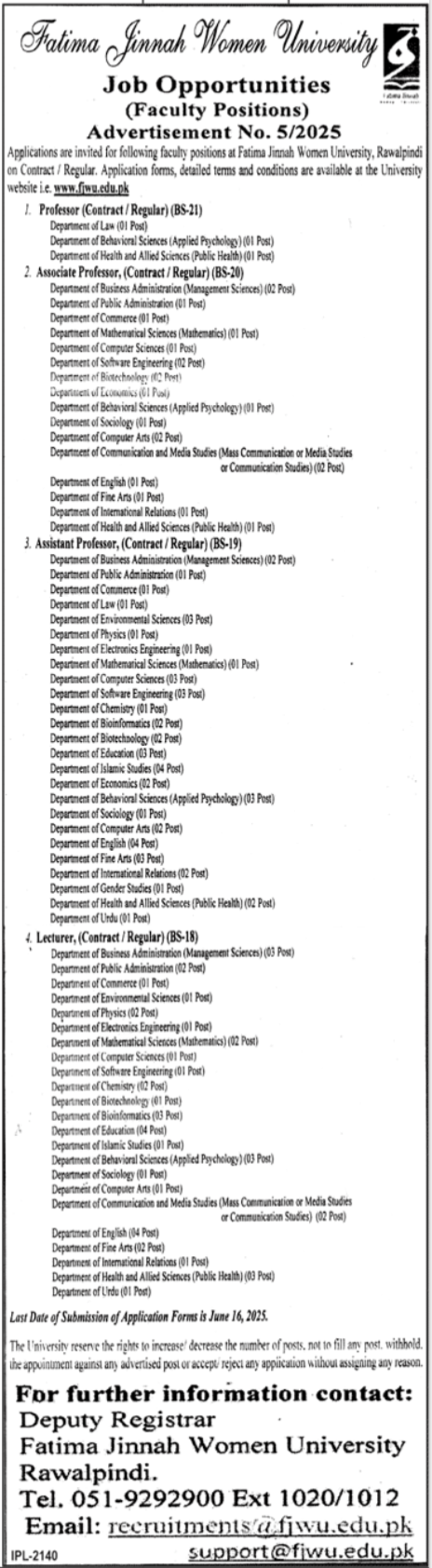 Latest Education Job Vacancies 2025 Fatima Jinnah Women University (FJWU) Rawalpindi Online Apply