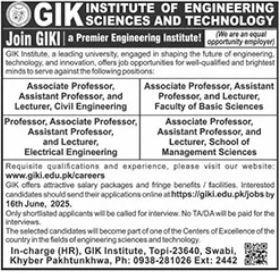 Latest Education Job Vacancies 2025 GIK Institute of Engineering Sciences & Technology Apply Online