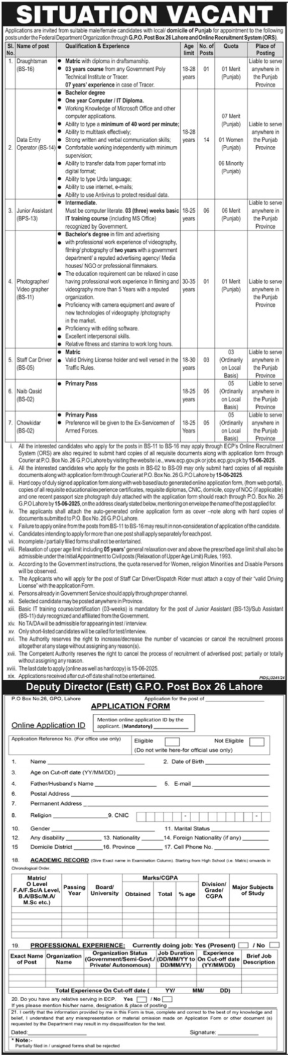 Latest Government Organization Job Vacancies 2025 Lahore Apply Online