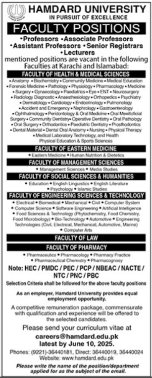 Hamdard University Karachi New Jobs 2025 Online Apply Now
