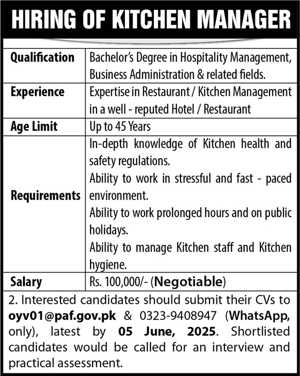 Latest Pakistan Air Force (PAF) Kitchen Manager Vacancies Jobs 2025 Islamabad Apply Online