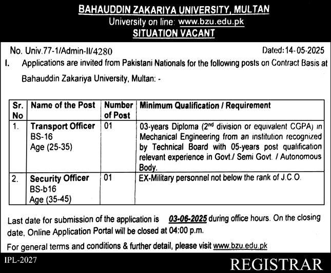Fresh Officer Jobs 2025 Bahauddin Zakariya University (BZU) Multan