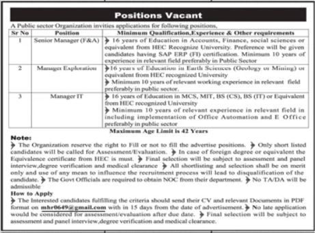 Latest Manager Jobs 2025 Public Sector Organization Quetta