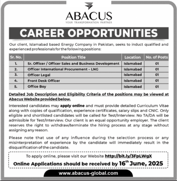 Latest Government Job 2025 Abacus Consulting Pvt Limited Islamabad Apply Online