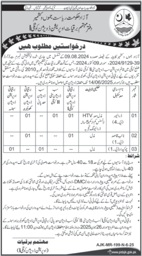 Latest Job 2025 Electricity Department Kotli Apply Online Now for Driver, Naib Qasid & Chowkidar