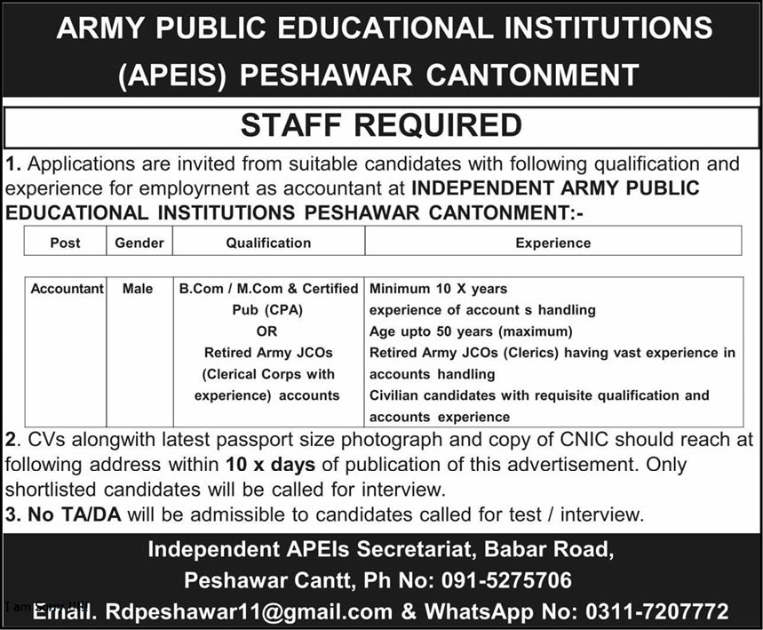 Latest Army Public Educational Institutions (APEIs) Accounting Jobs 2025 Apply Online Accountant Vacancy in Peshawar