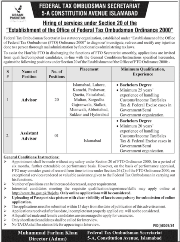 Latest Job 2025 Federal Tax Ombudsman (FTO) Secretariat Apply Online for Advisor & Assistant Advisor Vacancies