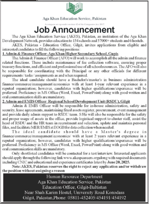 Aga Khan Education Service Pakistan New Jobs 2025 Apply Online for Admin, Finance & EMIS Officer Posts