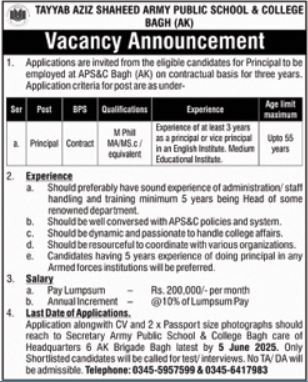 Latest Education Job Principal Vacancy 2025 Tayyab Aziz Shaheed Army Public School & College (APS&C) in Bagh, AJK