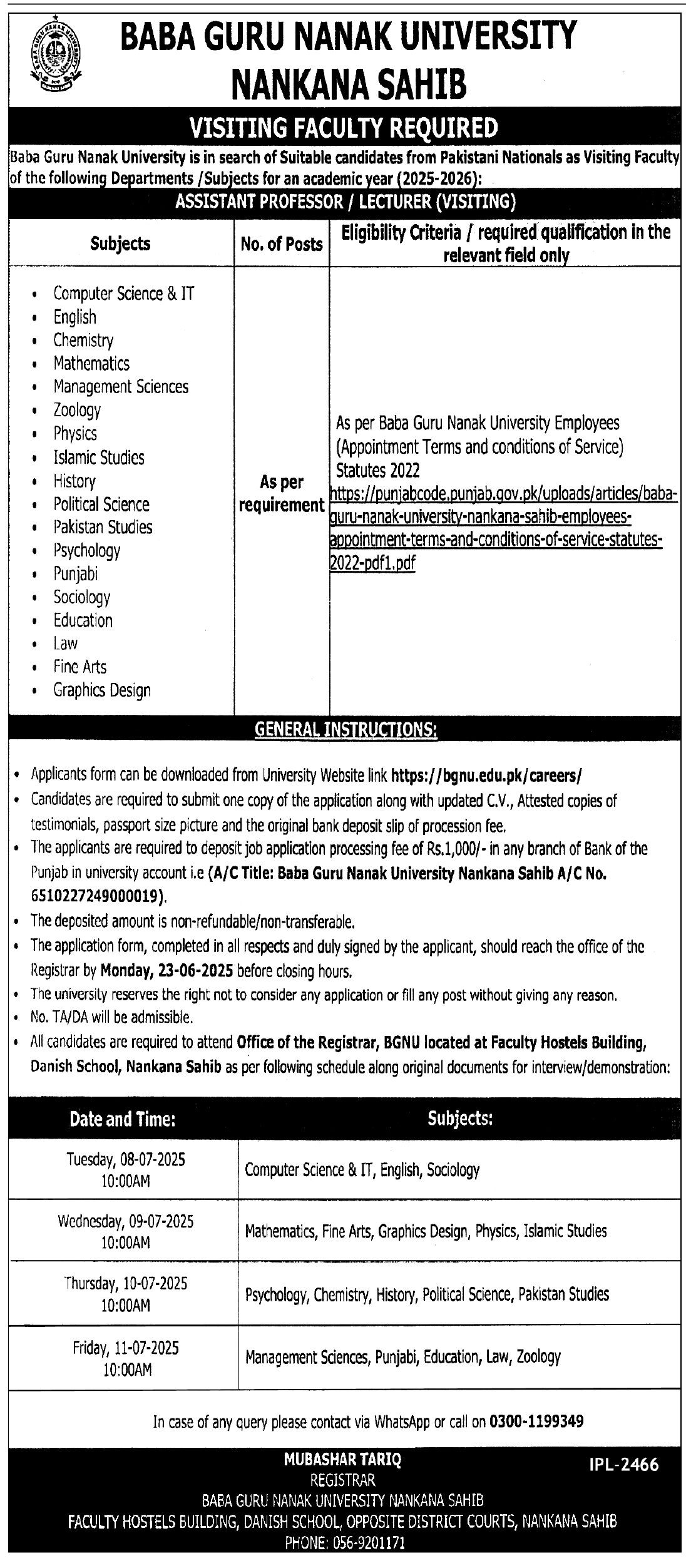 Latest Job Lecturers Vacancies 2025 Baba Guru Nanak University (BGNU) Online Apply