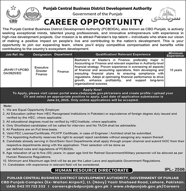Latest Finance Job 2025 Pakistan Central Business District Development Authority (PCBDDA) Online Apply forExecutive Director Finance Post