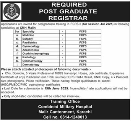 Combined Military Hospital (CMH) Malir Latest Medical Jobs 2025 Online Apply Now for Graduate Registrar Post