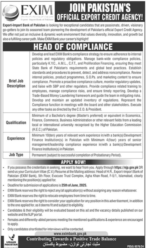 Latest Bank Jobs 2025 Exim Bank of Pakistan Online Apply for Head Of Compliance Position