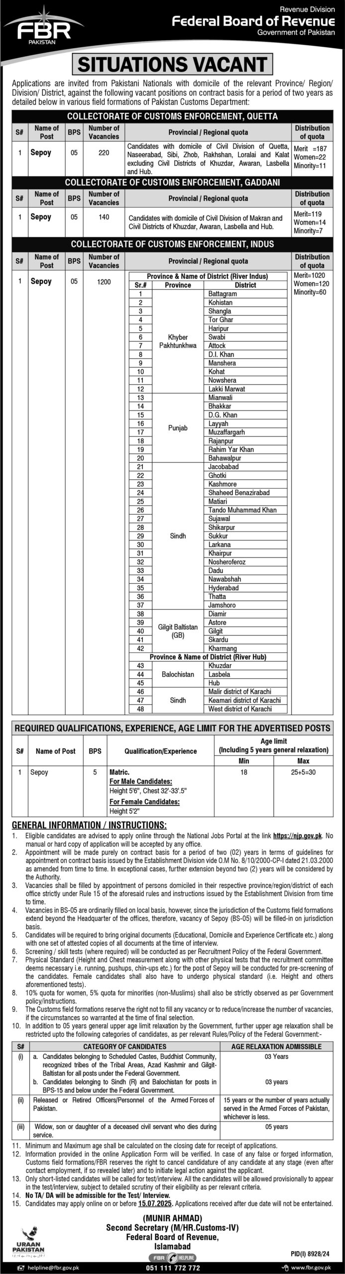 Latest Government Jobs Vacancies 2025 Federal Board of Revenue (FBR) Apply Online for Sepoy (Sipahi) Position