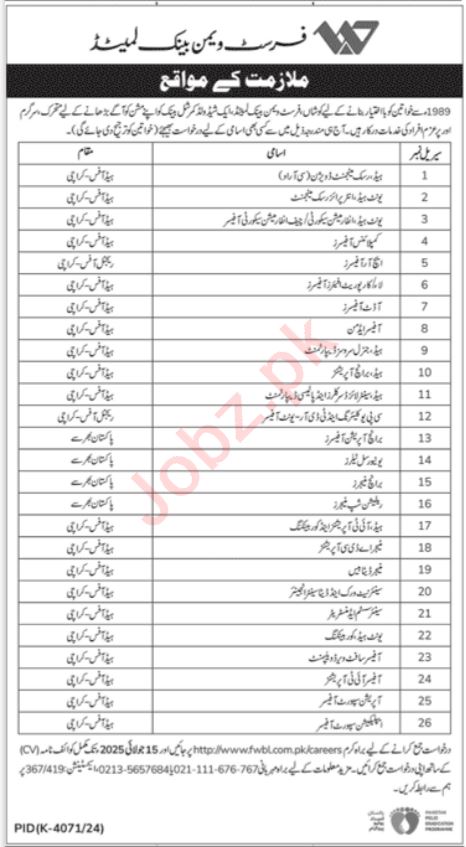 First Women Bank Limited (FWBL) Latest Jobs 2025 Apply Online Now