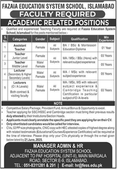 Latest Teaching Jobs 2025 Fazaia Education System School Islamabad Online Apply 