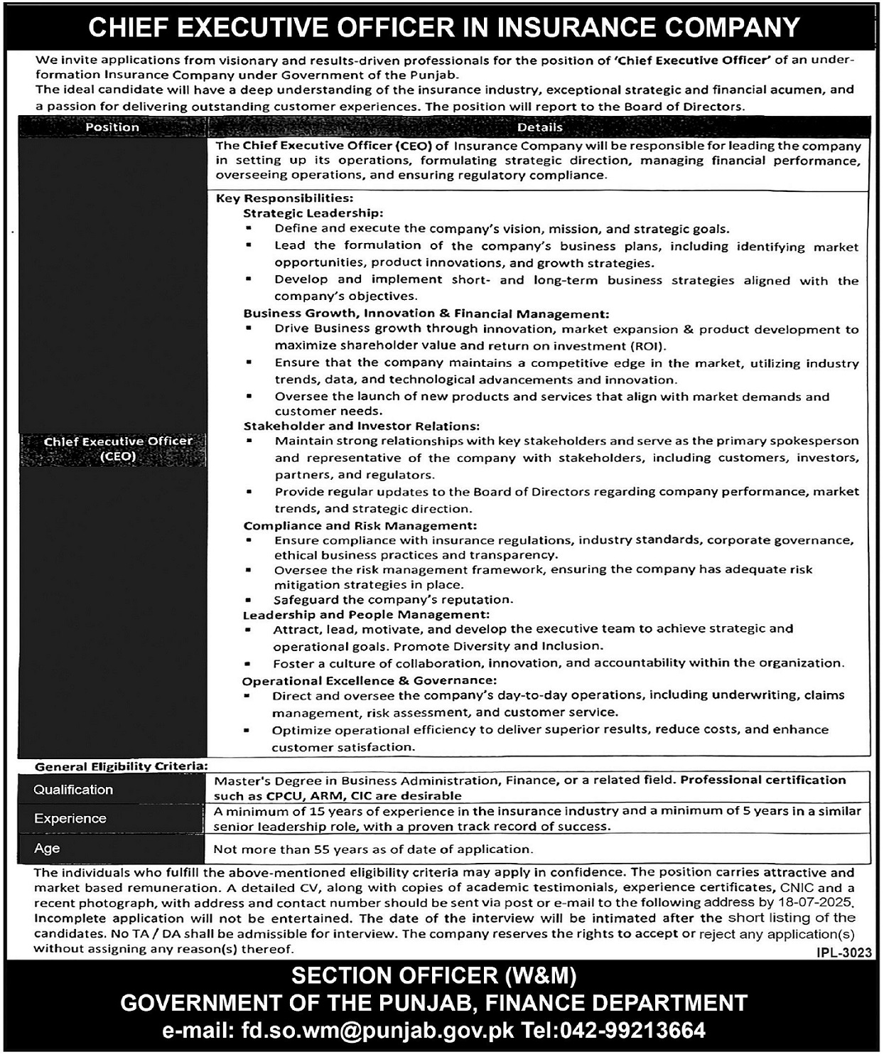 Latest Excutive Jobs 2025 Finance Deportment Punjab Apply Online for Chief Executive Officer (CEO) Position