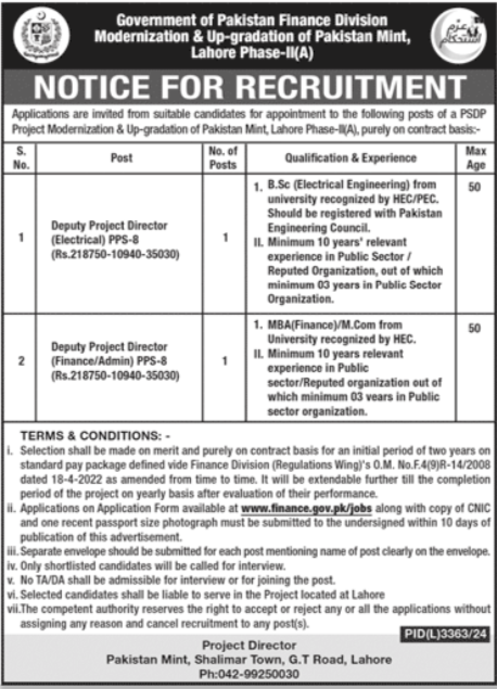 Latest Job Deputy Project Directors (Multiple Positions) 2025 Finance Division Lahore Online Apply 