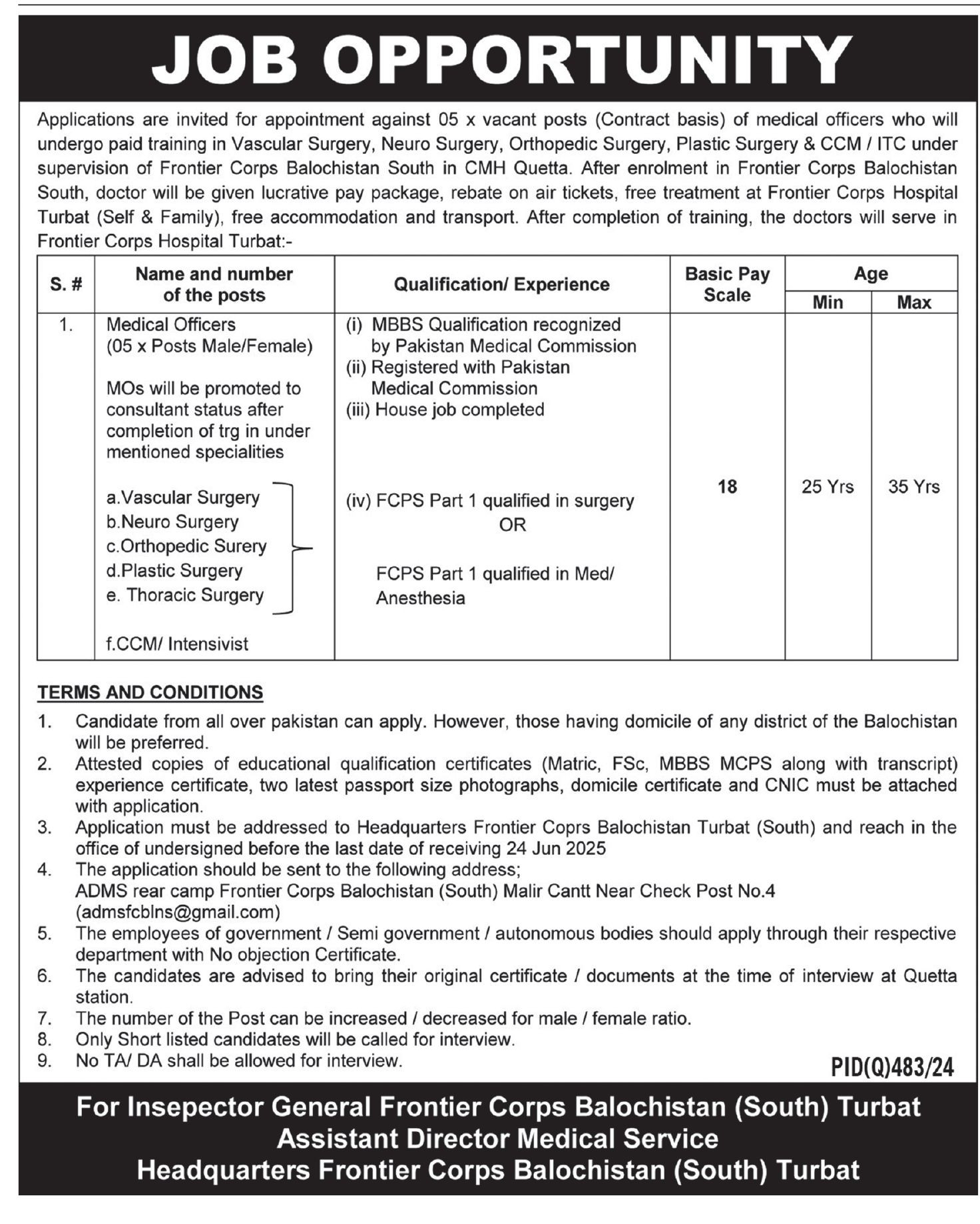 Latest Medical Jobs 2025 Headquarters Frontier Corps Balochistan (South) Online Apply Now for Medical Officer Positions
