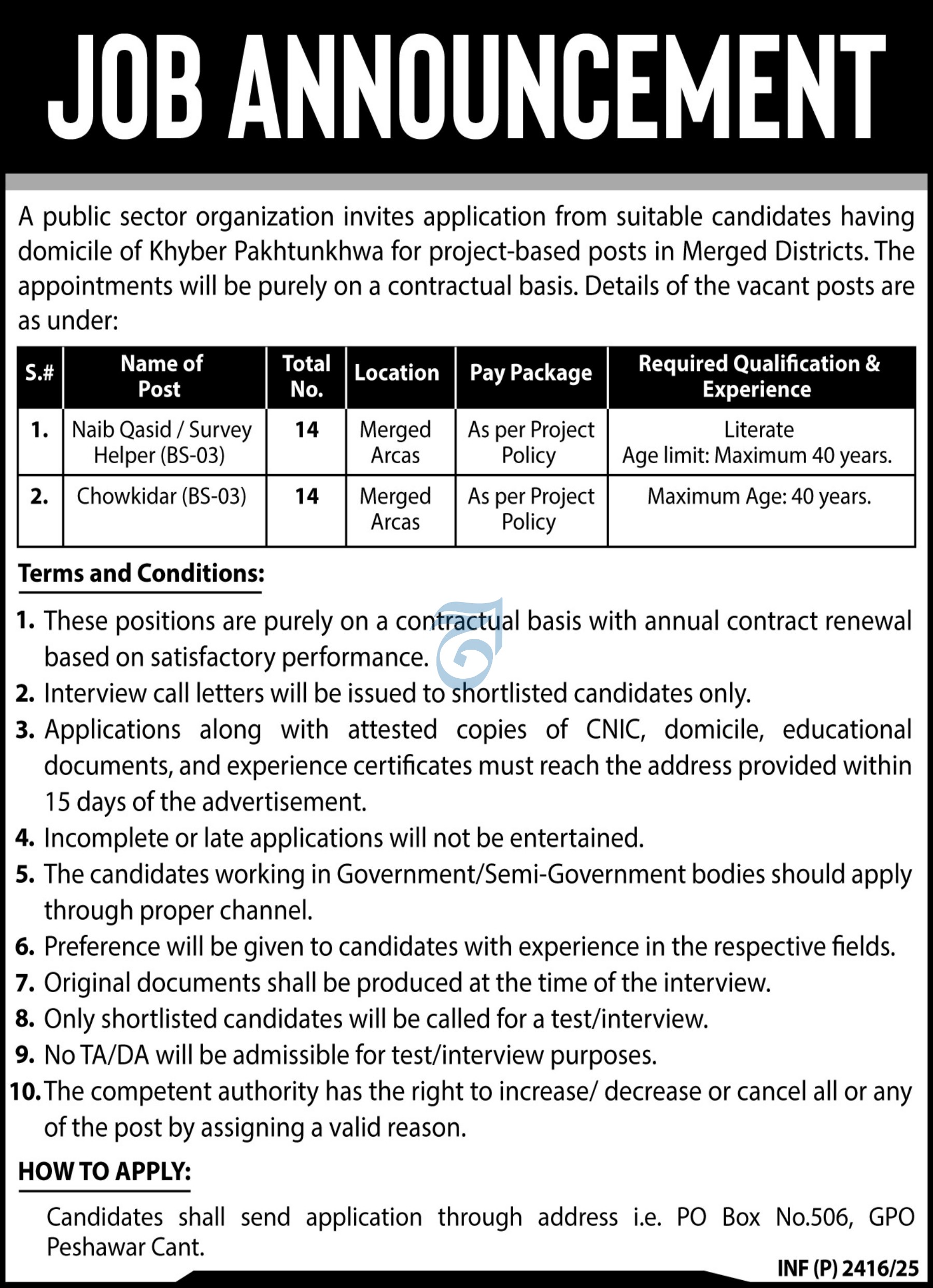 Latest P.O Box No. 506 GPO Peshawar Cantt Jobs 2025 Public Sector Organization Peshawar Online Apply