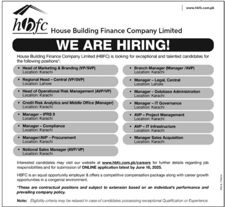 Latest Bank Jobs 2025 House Building Finance Company Limited (HBFC) Apply Online for Multiple Banking Positions