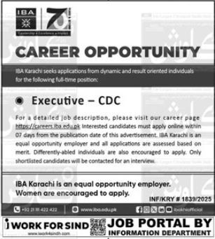 Latest Institute of Business Administration (IBA) Karachi Job 2025 Apply Online for Executive CDC Vacancy