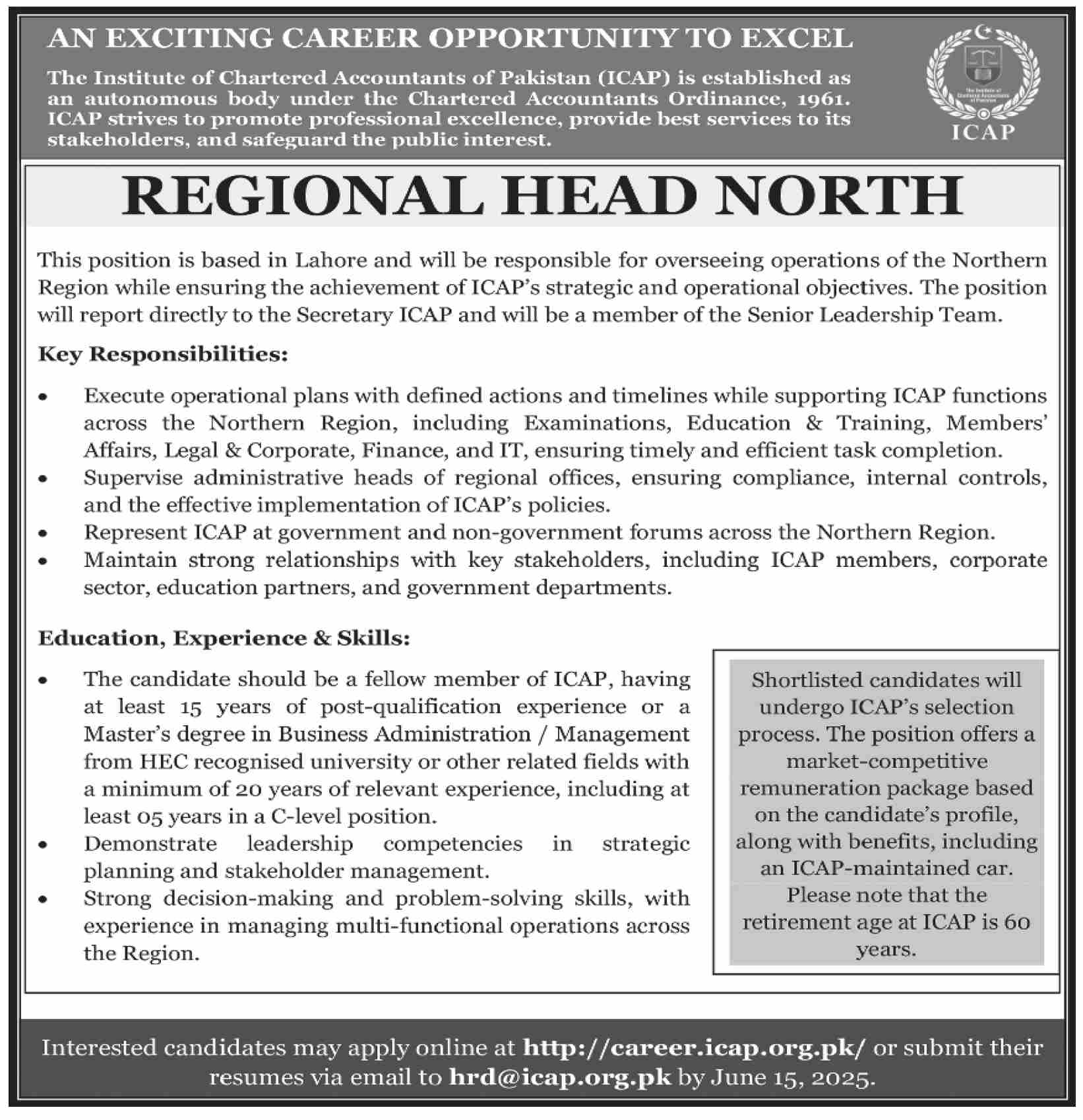 Latest Institute of Chartered Accountants of Pakistan (ICAP) Job 2025 at Regional Head Lahore Apply Online