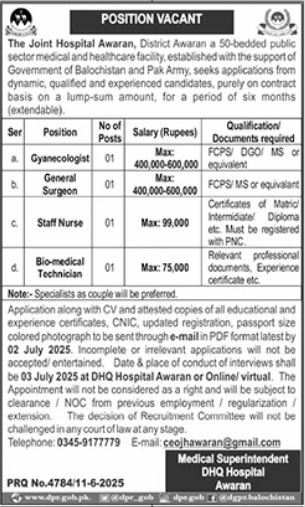 Joint Hospital Awaran Latest Medical Jobs 2025 Online Apply Now for Medical Positions