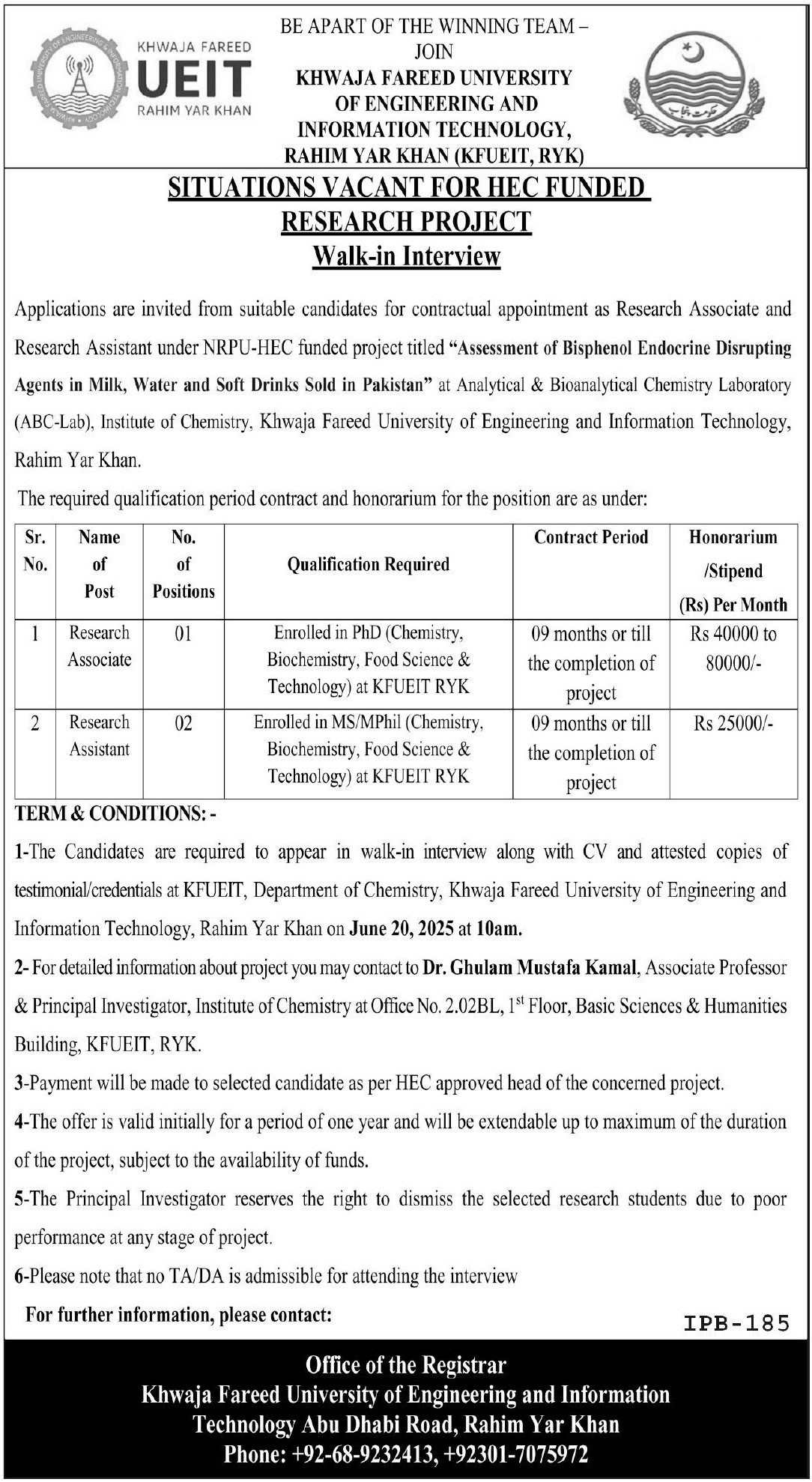 Latest Research Jobs Vacancies 2025 Khwaja Fareed University of Engineering & Information Technology (KFUEIT), Rahim Yar Khan Apply Online