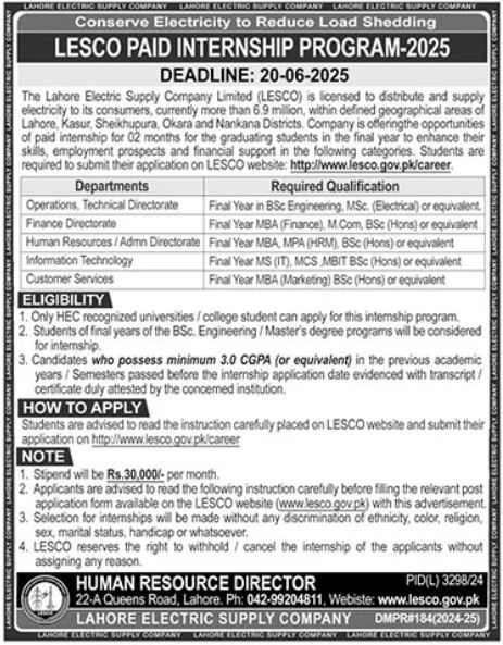 Lahore Electric Supply Company (LESCO) Internship Program 2025 Apply Online Now