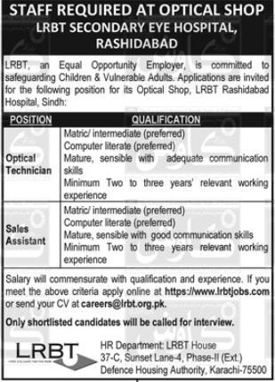 Fresh LRBT Karachi Jobs 2025 – Apply Online for Optical Technician & Sales Assistant Post
