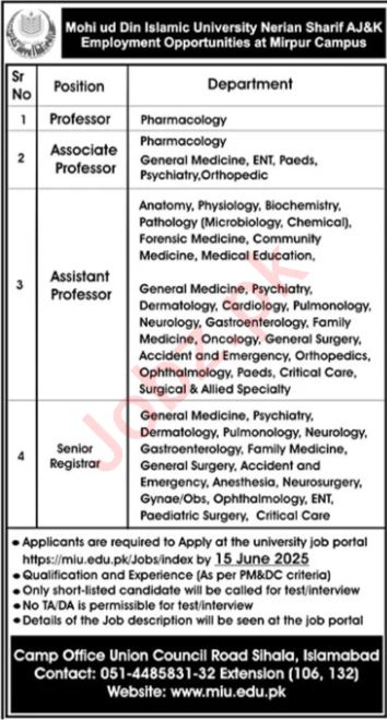 Latest Professor Job Vacancies 2025 Mohi Ud Din Islamic University (MIU) Mirpur AJK Apply Online