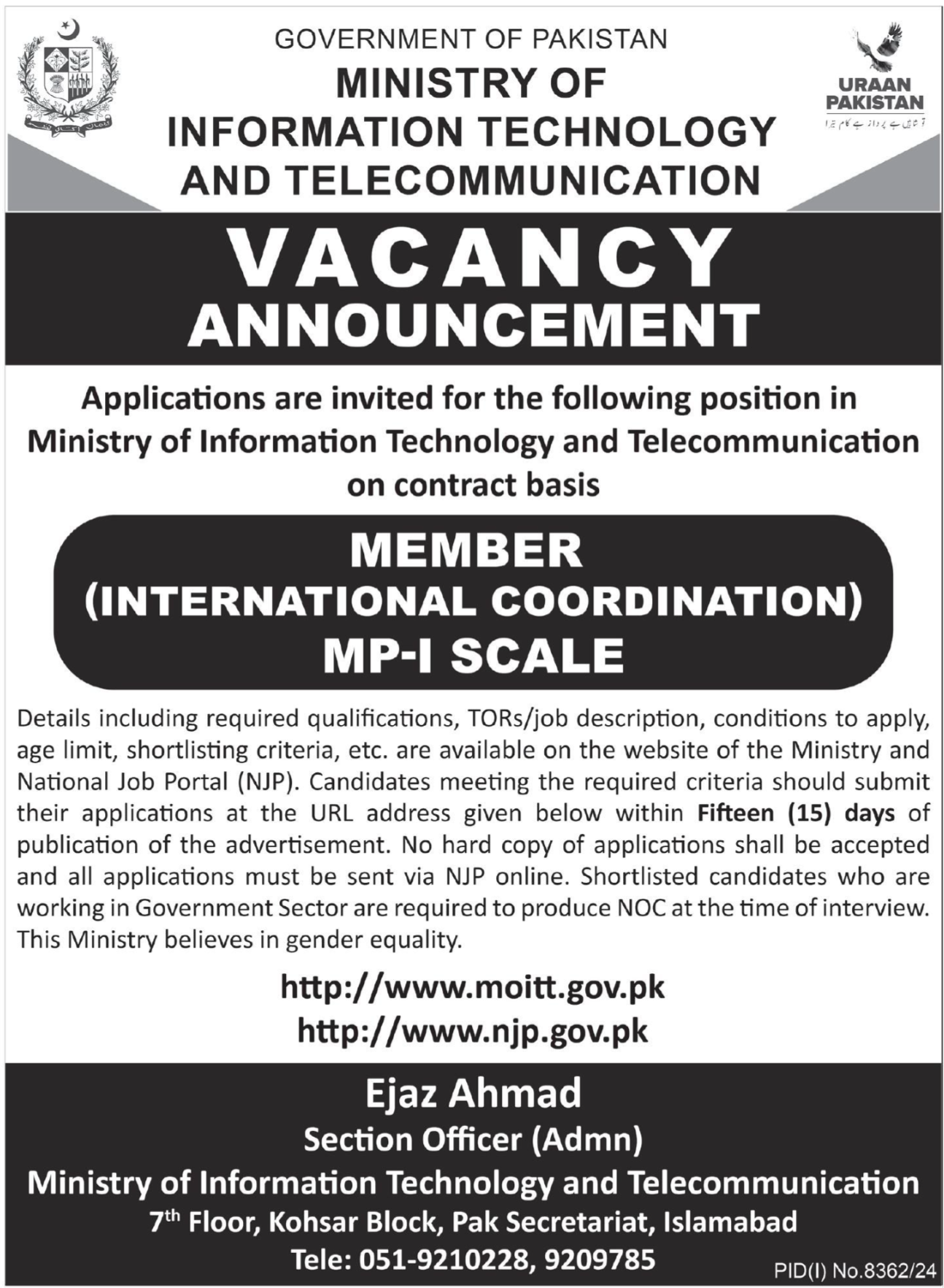 Latest MOIT Islamabad Jobs 2025 Apply Online for Member International Coordination Post