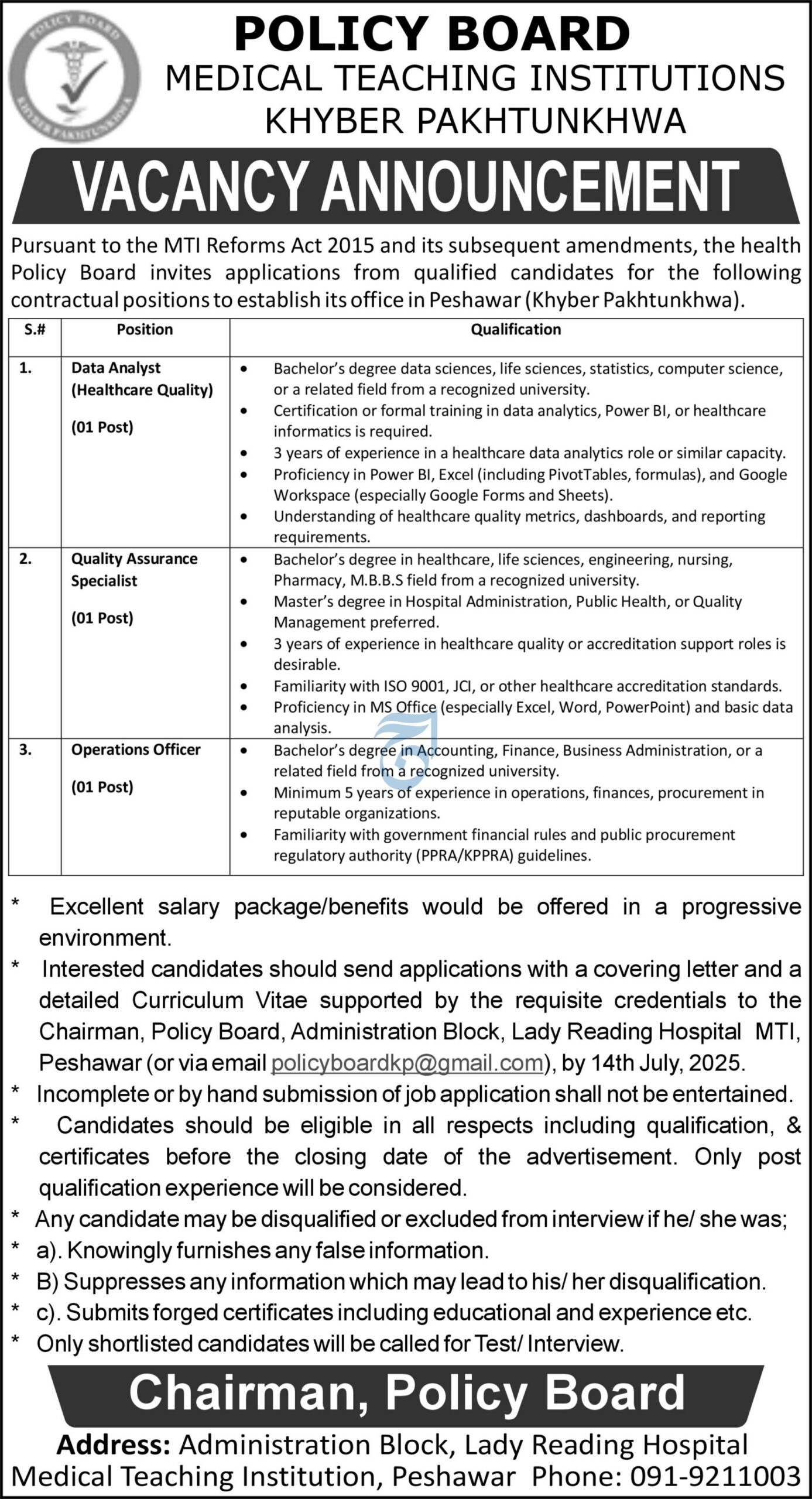 Latest Jobs 2025 Medical Teaching Institution (MTI) Peshawar Online Apply for QA Specialist, Data Analyst & Operations Officer Positions