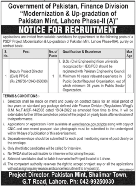Latest Government Jobs 2025 Modernization & Upgradation of Pakistan Mint Apply Online for Deputy Project Director Positions
