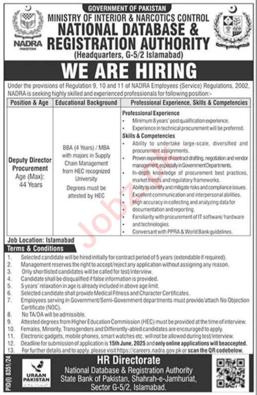 NADRA Latest Job Deputy Director Procurement Vacancies 2025 Islamabad Online Apply