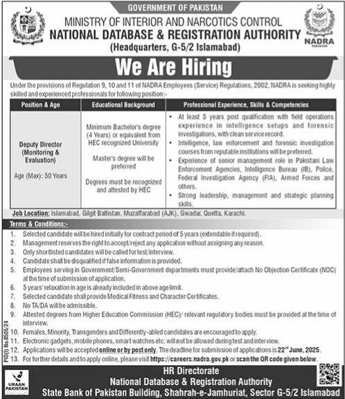 Latest NADRA Job 2025 Apply Online Now for Deputy Director Vacancies NADRA Islamabad