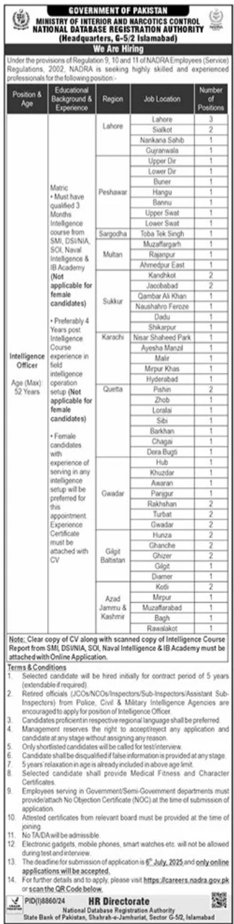 National Database & Registration Authority (NADRA) Lahore Online Apply for Intelligence Officer Vacancy