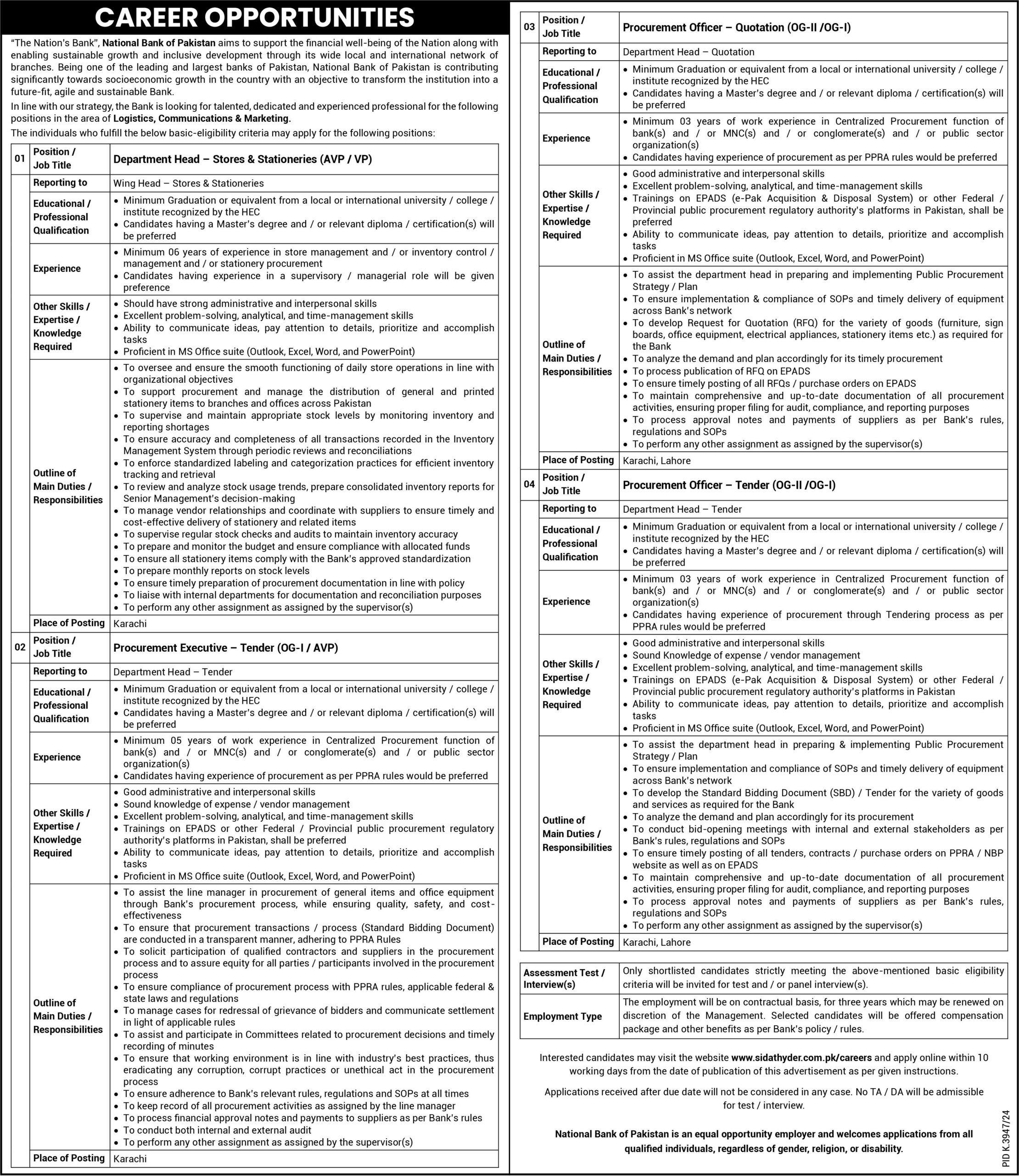 New Banking Jobs Vacancies 2025 National Bank of Pakistan (NBP) Karachi Apply Online