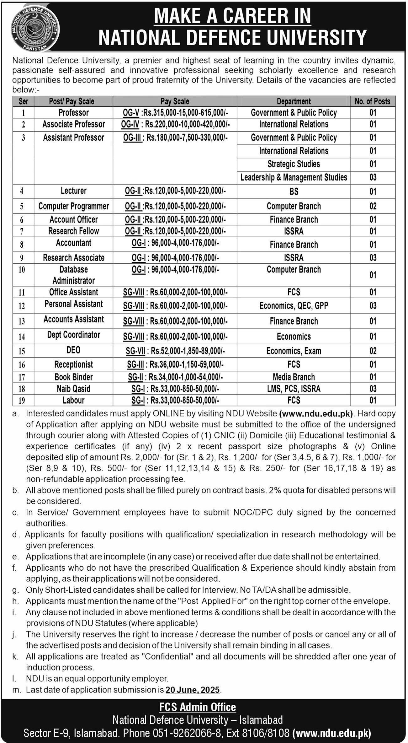 Latest Education Job Vacancies 2025 National Defence University (NDU) Islamabad Apply Online