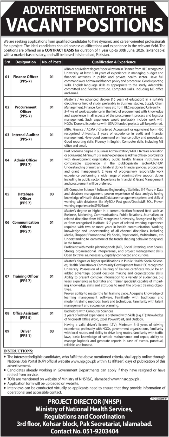 Latest Government Jobs 2025 National Health Support Program (NHSP) Islamabad Apply Online Now
