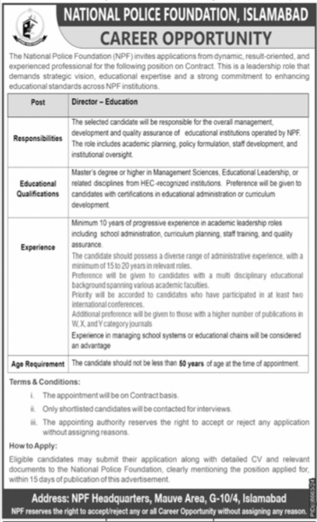 Latest Government Jobs 2025 National Police Foundation (NPF) Islamabad Apply Online for Director Vacancies