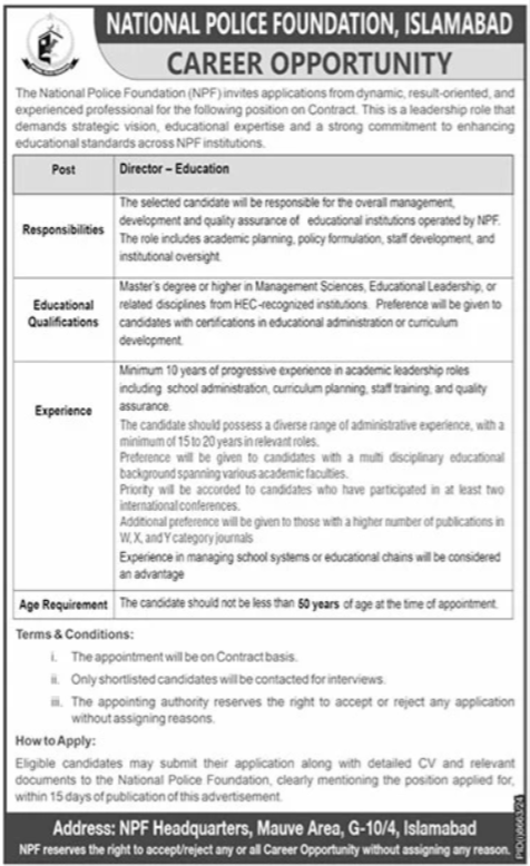 Latest Government Jobs 2025 National Police Foundation (NPF) Islamabad Online Apply Now for Director Education Position