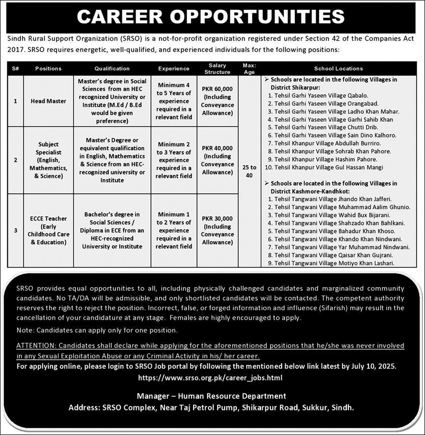 Latest NGO Jobs 2025 Sindh Rural Support Organization (SRSO) Sukkur Apply Online for Teaching & Management Post