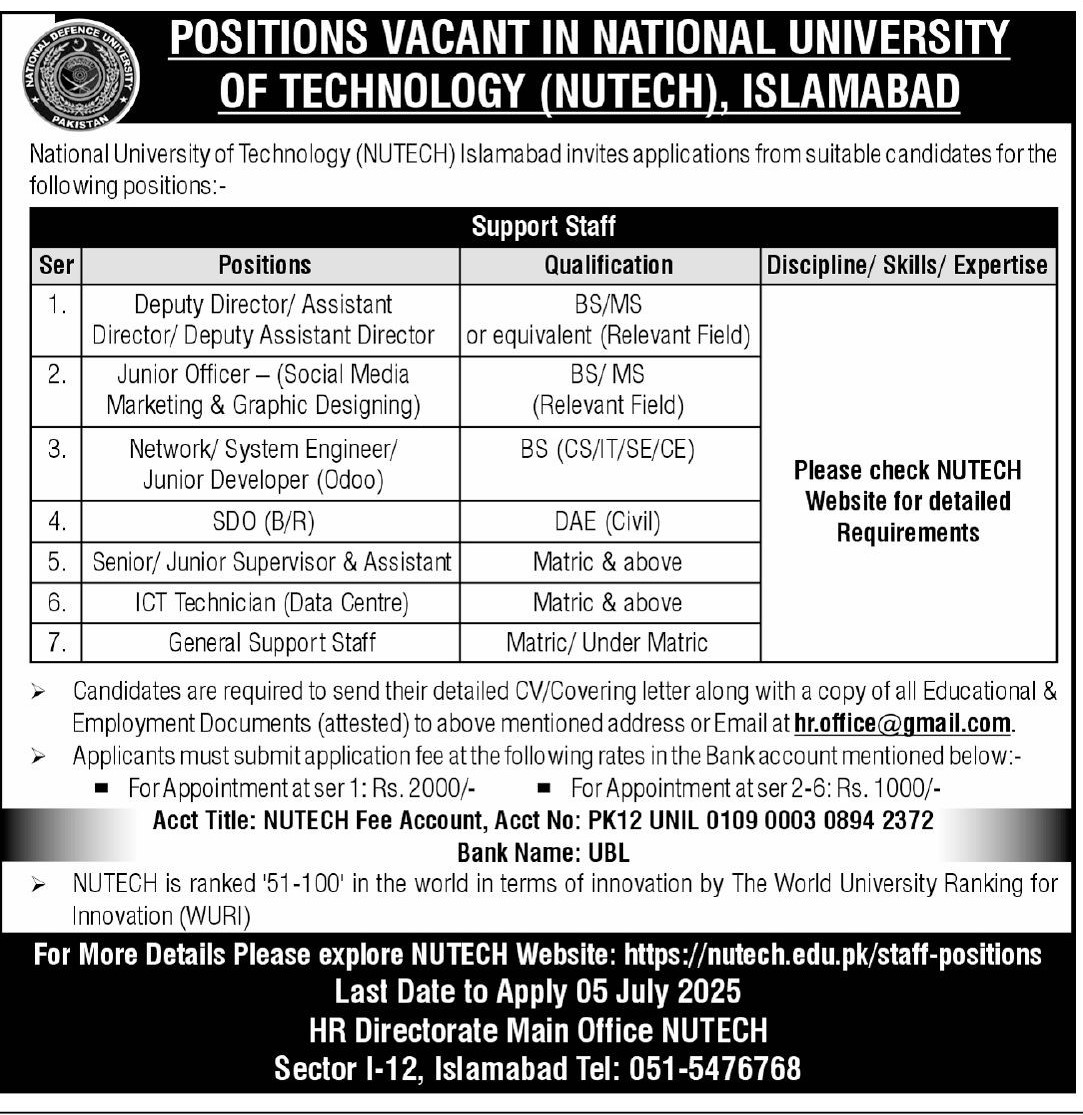 Latest Job 2025 National University of Technology (NUTECH) Islamabad Apply Online Now