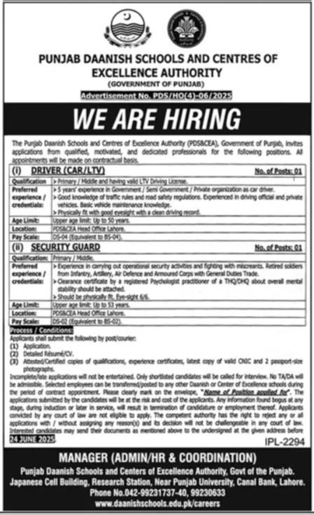 Latest Jobs 2025 Punjab Daanish Schools and Centers of Excellence Authority (PDS & CEA) Lahore Online Apply