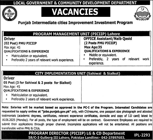 Punjab Intermediate Cities Improvement Investment Program (PICIIP) Latest Job 2025 Apply Online