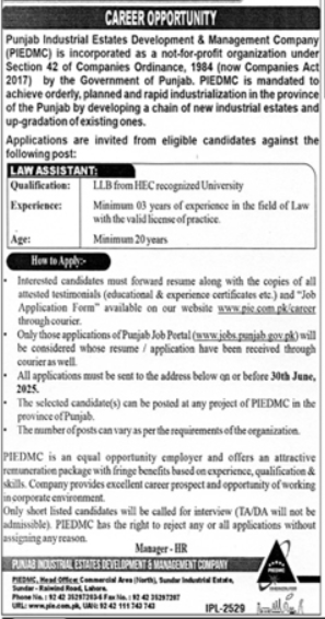 New Legal Job Vacancy 2025 Punjab Industrial Estates Development and Management Company (PIEDMC) Online Apply