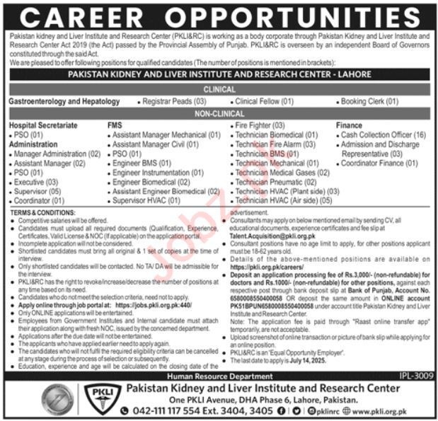Latest Medical Jobs 2025 Pakistan Kidney and Liver Institute & Research Centre (PKLI) Lahore Apply Online Now